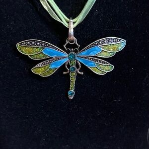 Green, blue and copper tone butterfly on green, string ribbon necklace 16”